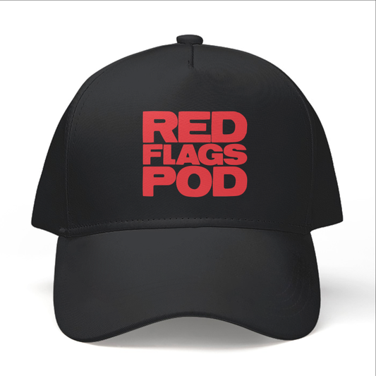 Black baseball hat with Red Flags Pod logo